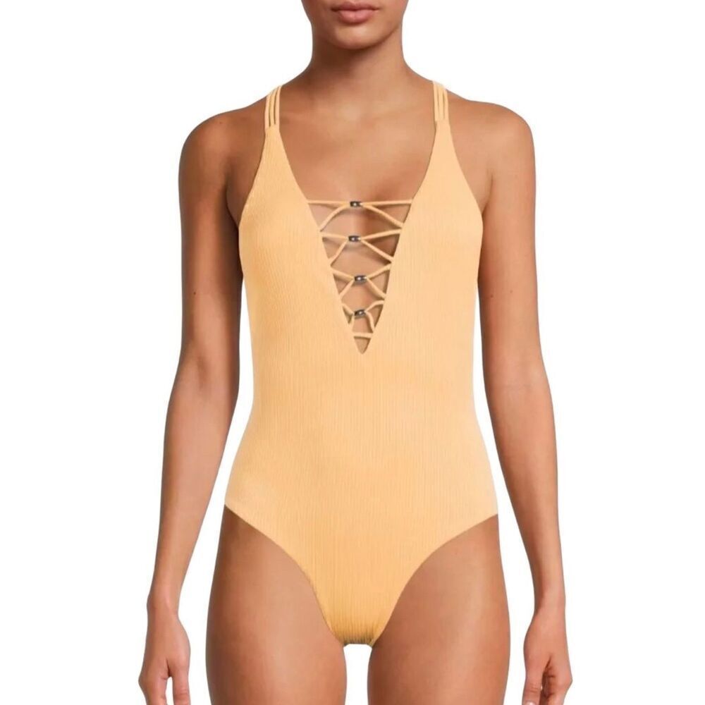 NWT Yellow Ribbed Lace Up One Piece Swimsuit Large
